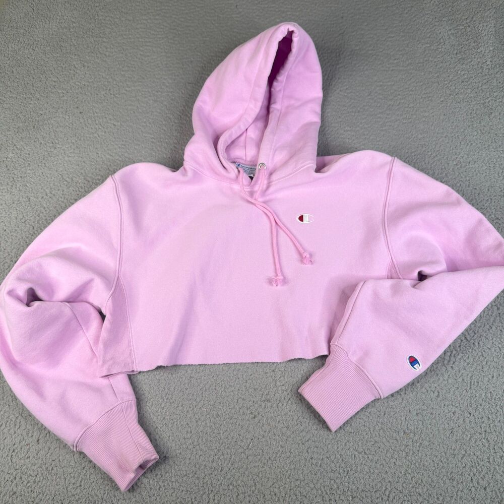 CHAMPION Cropped Hoodie Womens‎ S Pink Reverse Weave Raw Hem Sweater VTG